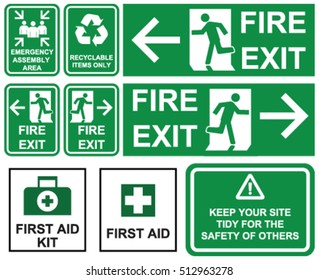 Conjunto de salida de emergencia de incendios , zona de montaje de emergencia, primeros auxilios señales verdes con diferentes direcciones aisladas . Crear el signo de atención del sitio de mantener su sitio ordenado para la seguridad de otros. 