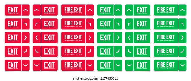 Set of emergency fire exit door icon. Red and green exit signs with different directions.