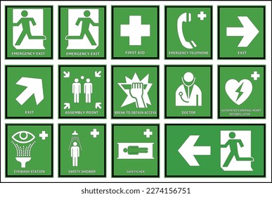 Set of emergency fire exit green signs with different directions on white