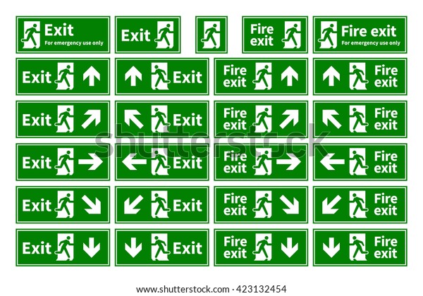 Set of emergency fire exit green signs\
with different directions isolated on\
white