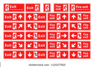 Set of emergency fire exit red signs with different directions isolated on white