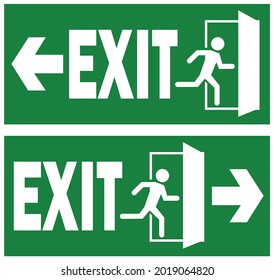 set of emergency fire exit sign with running man icon to door. green color. arrow vector. warning sign plate