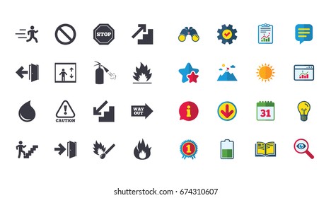Set of Emergency, Fire safety and Protection icons. Extinguisher, Exit and Attention signs. Caution, Water drop and Way out symbols. Calendar, Report and Browser window signs. Vector