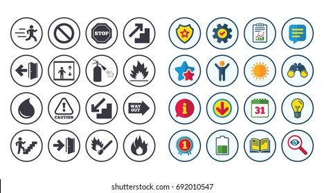 Set of Emergency, Fire safety and Protection icons. Extinguisher, Exit and Attention signs. Caution, Water drop and Way out symbols. Calendar, Report and Book signs. Stars, Service and Download icons