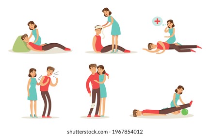 Set of Emergency First Aid Resuscitation Procedures, Young Woman Providing First Aid Treatments to Man Cartoon Vector Illustration