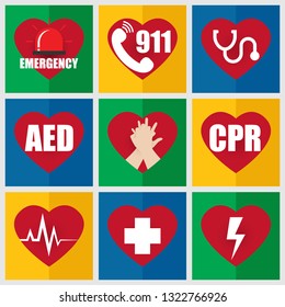 Set of Emergency Flat Icon about First Aid and CPR