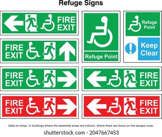 Set of emergency handicapped fire exit green signs with different directions isolated on white