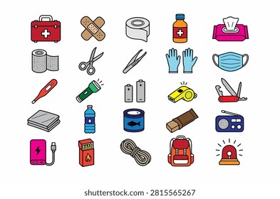 Set of emergency kit vector icons, first aid medical supplies, disaster survival gear, flashlight, battery, rope, face mask, and safety equipment isolated on white background.