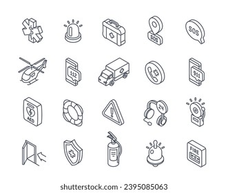 Conjunto de iconos de línea de emergencia. Ambulancia, alarma, botiquín de primeros auxilios, extinguidor de incendios y línea directa 911. Símbolos simples de los servicios de rescate. Colección vectorial isométrica de contorno aislada en fondo blanco