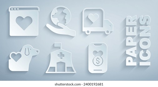 Set Emergency medical tent, Delivery truck with heart, Heart dog, Donation and charity, Hand holding Earth globe and Dating app online icon. Vector