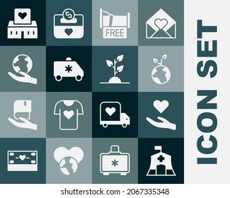 Set Emergency Medical Tent, Heart In Hand, Volunteer Team Planting Trees, Free Overnight Stay House, Car, Hand Holding Earth Globe, Center And  Icon. Vector