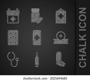 Set Emergency mobile phone call to hospital, Inhaler, Otolaryngological head reflector, Stethoscope, Pills blister pack, Medical clipboard with clinical record and Doctor appointment icon. Vector