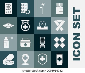 Set Emergency mobile phone call to hospital, Awareness ribbon, Crutch or crutches, Hospital signboard, Medicine pill tablet, Pills blister pack and Otolaryngological head reflector icon. Vector