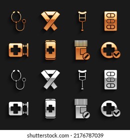 Set Emergency mobile phone call to hospital, Pills in blister pack, Cross medical, Medicine bottle and pills, Hospital signboard, Crutch or crutches, Stethoscope and Awareness ribbon icon. Vector