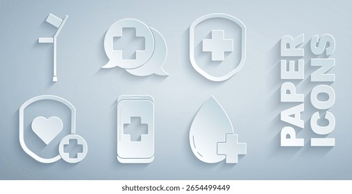 Set Emergency mobile phone call to hospital, Medical shield with cross, Shield and heart rate, Donate drop blood, Dialogue the doctor and Crutch crutches icon. Vector