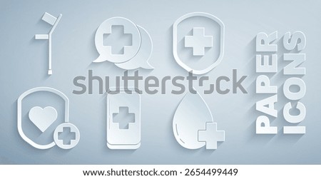 Set Emergency mobile phone call to hospital, Medical shield with cross, Shield and heart rate, Donate drop blood, Dialogue the doctor and Crutch crutches icon. Vector