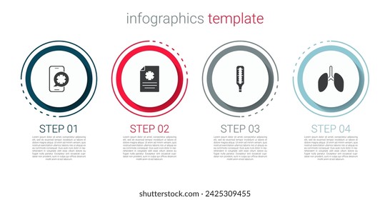Establecer llamada telefónica de emergencia, registro clínico, termómetro médico y pulmones. Plantilla de infografía de negocios. Vector