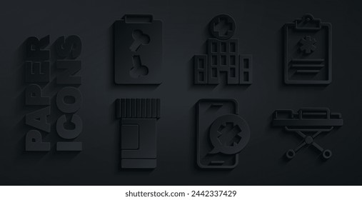 Set Emergency phone call, Clinical record, Medicine bottle and pills, Stretcher, Medical hospital building and X-ray shots icon. Vector