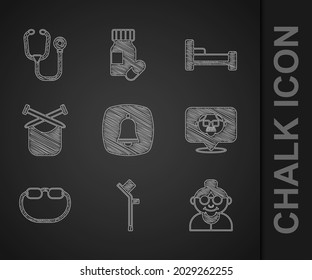 Set Emergency phone call, Crutch or crutches, Grandmother, Grandfather, Eyeglasses, Knitting, Bed and Stethoscope icon. Vector