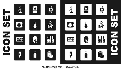 Set Emergency phone call, Enema, Medical symbol of the, Microscope, hospital building, Clinical record, vial, ampoule and Monitor with cardiogram icon. Vector