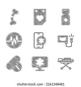 Set Emergency phone call, Medical symbol of the, Stretcher, Ultrasound, Medicine pill or tablet, Heart rate, bottle and pills and Human broken bone icon. Vector