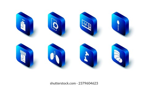 Set Emergency phone call, Monitor with cardiogram, Sperm, Gypsum, Human broken bone, Lungs, Medicine bottle and pills and Hand sanitizer icon. Vector