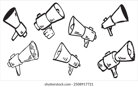 Set of Emergency red bullhorn speaker. Cartoon loud alert warning. Sketch media propaganda. Loudspeaker doodle drawing. Marketing megaphone announce or broadcast.