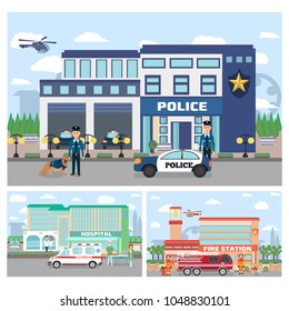 Set of emergency services building. City hospital building with ambulance, Fire station building, police department with officers in uniform , cars and city landscape.