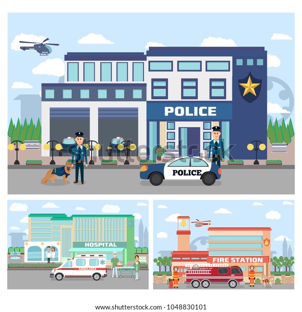 Set of emergency
services building. City hospital building with ambulance, Fire
station building, police department with officers in uniform , cars
and city landscape.