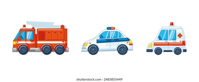 Set of emergency services transport: fire truck, police car, ambulance. Vector set in children's cartoon style