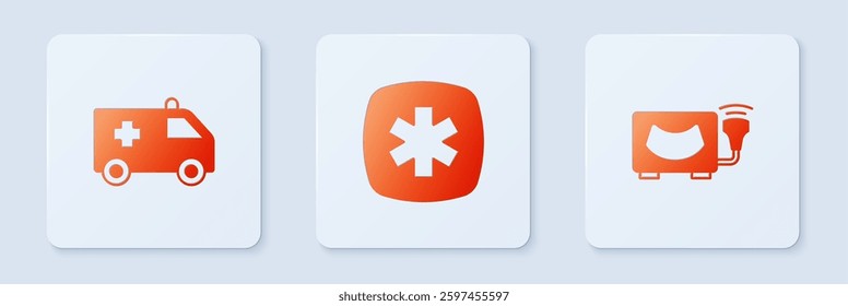 Set Emergency - Star of Life, Ambulance car and Ultrasound. White square button. Vector