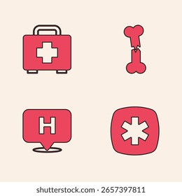 Set Emergency - Star of Life, kit de primeiros socorros, osso humano quebrado e ícone do hospital Localização. Vetor