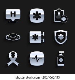 Set Emergency - Star of Life, Heart rate, Antibacterial soap, insurance, Awareness ribbon, Medical protective mask, Patient record and Location hospital icon. Vector