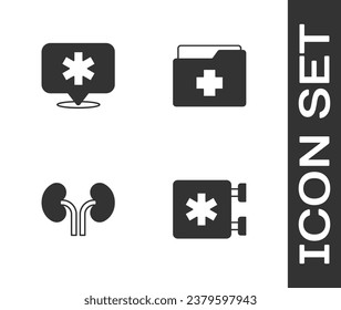 Set Emergency - Star of Life, Location hospital, Human kidneys and Patient record icon. Vector