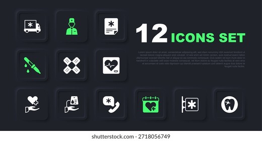 Conjunto de emergencia - estrella de la vida, diente con caries, vendaje cruzado de yeso, cita con el médico, pipeta, donación de sangre, médico masculino y llamar al icono 911. Vector
