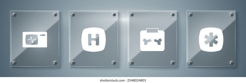 Set Emergency - Star of Life, X-ray shots with broken bone, Hospital signboard and Monitor cardiogram. Square glass panels. Vector