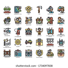 Juego de iconos de emergencia de línea delgada y píxeles perfectos para cualquier proyecto web y de aplicación. 