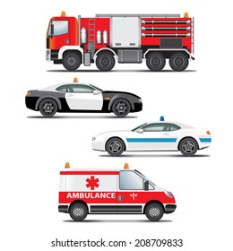 Set of emergency transport icons.  Fire truck, ambulance, police car. Vector illustration