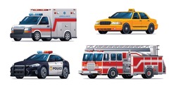 Set Of Emergency Vehicles. Ambulance, Taxi, Police Car And Fire Truck. Official Emergency Service Vehicles Vector Illustration