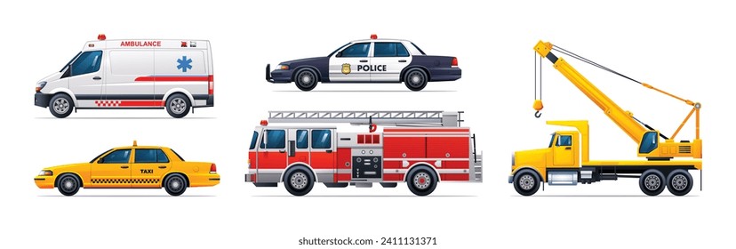 Set of emergency vehicles. Ambulance, taxi, police car, fire truck and crane truck. Official emergency service vehicles side view vector illustration