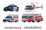 Set of emergency vehicles. Police car, fire truck, ambulance car and helicopter. Official emergency service vehicles vector illustration