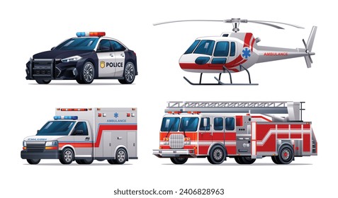 Conjunto de vehículos de emergencia. Auto policial, camión de bomberos, vehículo de ambulancia y helicóptero. Ilustración vectorial de los vehículos de servicios de emergencia oficiales