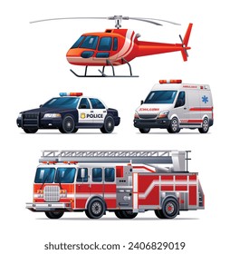 Set of emergency vehicles. Police car, ambulance, fire truck and helicopter. Official emergency service vehicles vector illustration
