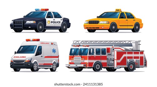 Set of emergency vehicles. Police car, taxi, ambulance and fire truck. Official emergency service vehicles vector illustration