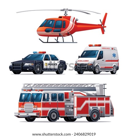 Set of emergency vehicles. Police car, ambulance, fire truck and helicopter. Official emergency service vehicles vector illustration