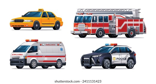 Conjunto de vehículos de emergencia. Taxi, camión de bomberos, ambulancia y auto de la policía. Ilustración vectorial de los vehículos de servicios de emergencia oficiales