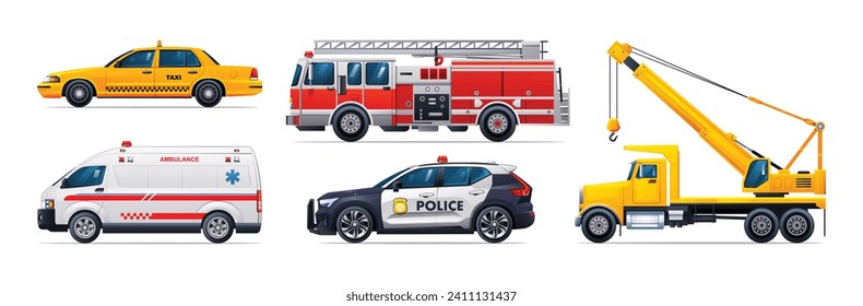 Set von Notfahrzeugen. Taxi, Feuerwehrwagen, Krankenwagen, Polizeiwagen und Kranwagen. Seitenansicht der amtlichen Notruffahrzeuge, Vektorgrafik