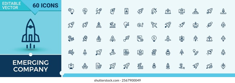 Set of Emerging Company line icons. It contains symbols to innovation, startup, success, on, planning and more. Web icons. Editable vector icon and illustration.