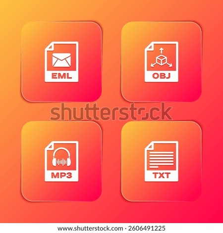 Set EML file document, OBJ, MP3 and TXT icon. Vector