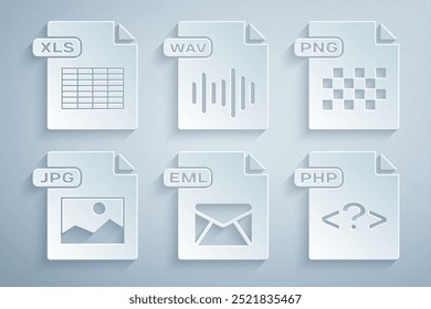 Establecer el documento de archivo EML, PNG, JPG, PHP, WAV y XLS icono. Vector